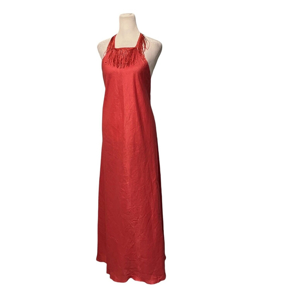Zara Limited Edition Coral FringeLinen Halter Maxi Dress Size XS - Picture 5 of 11